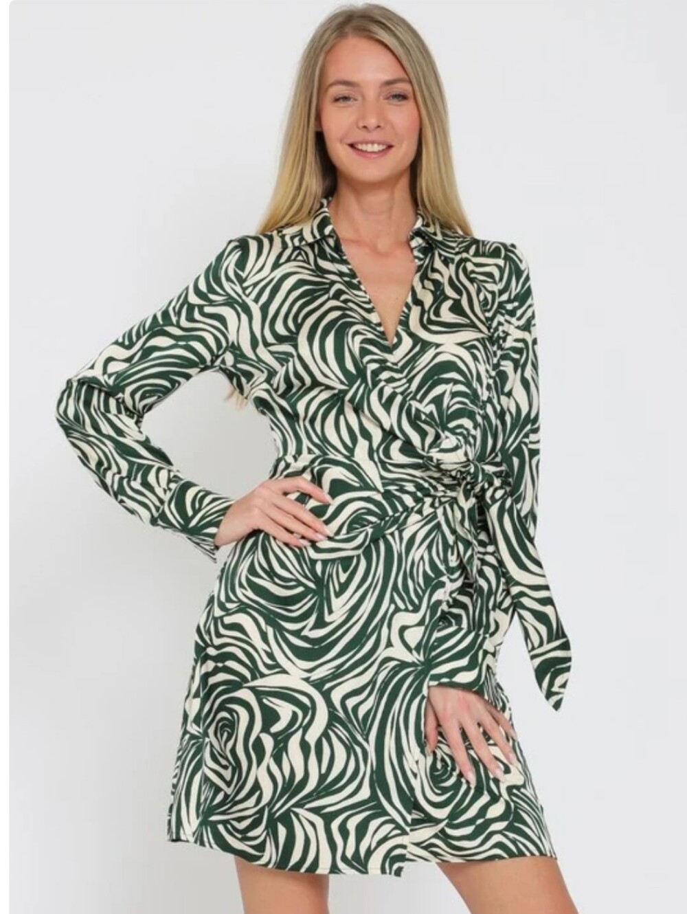 KLD Green Cream Jungle Wrap Printed Dress